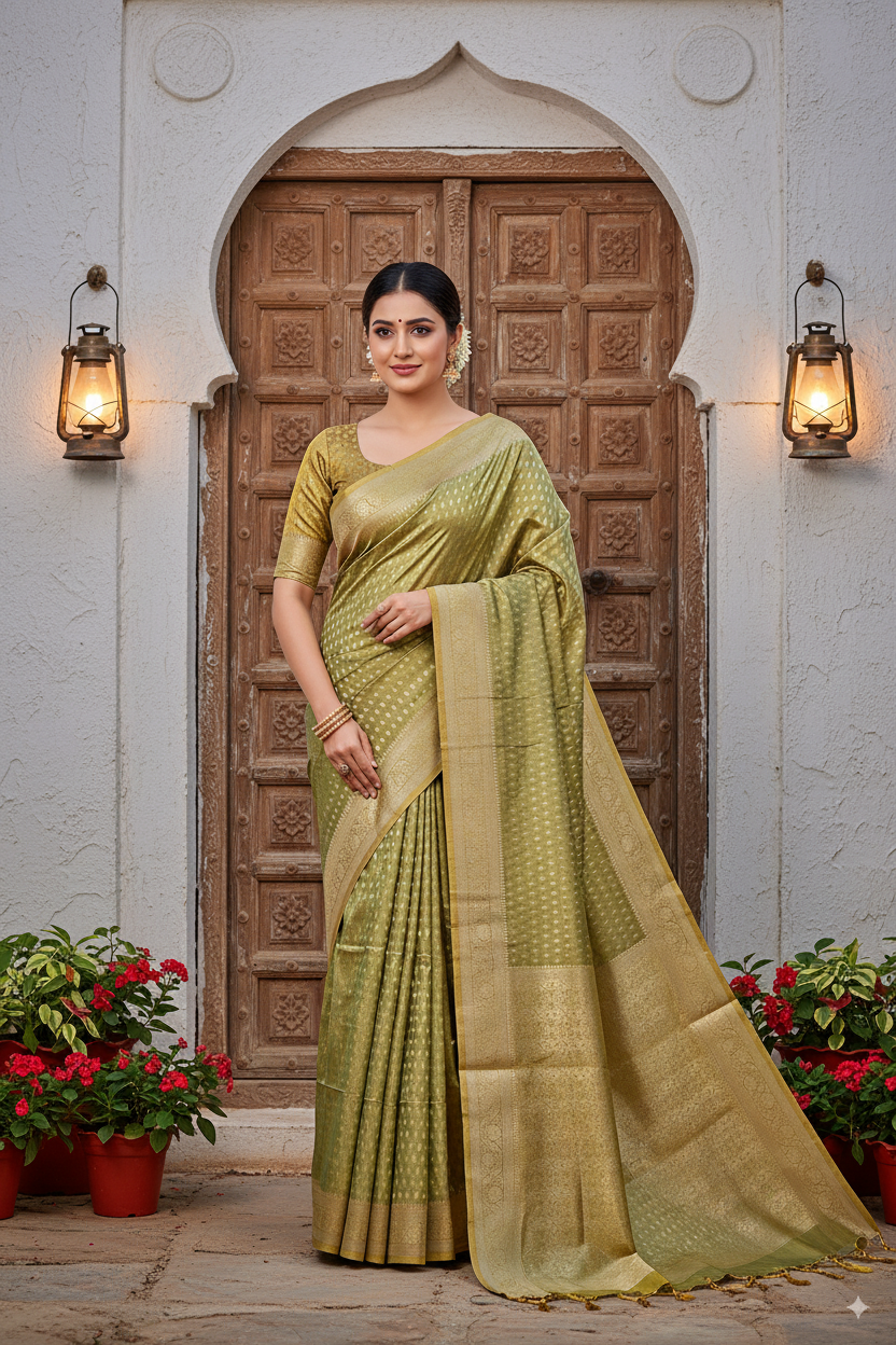 Golden-Green Metallic Banarasi Tissue Silk Lightweight Saree