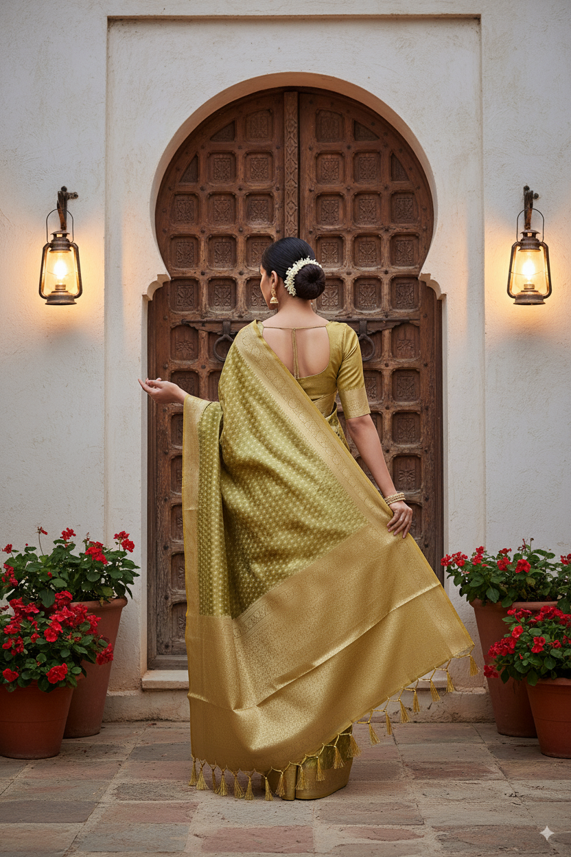 Golden-Green Metallic Banarasi Tissue Silk Lightweight Saree