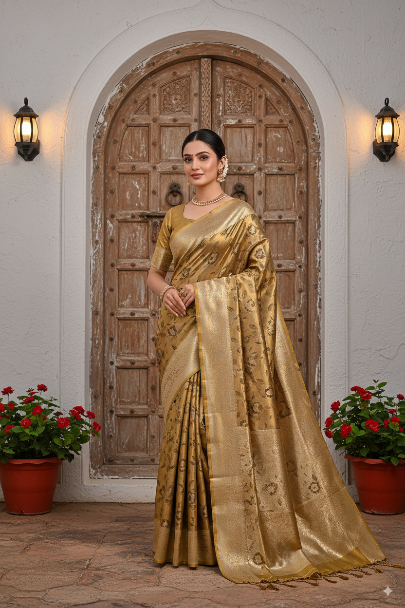 Golden-Mehandi Metallic Banarasi Tissue Silk Lightweight