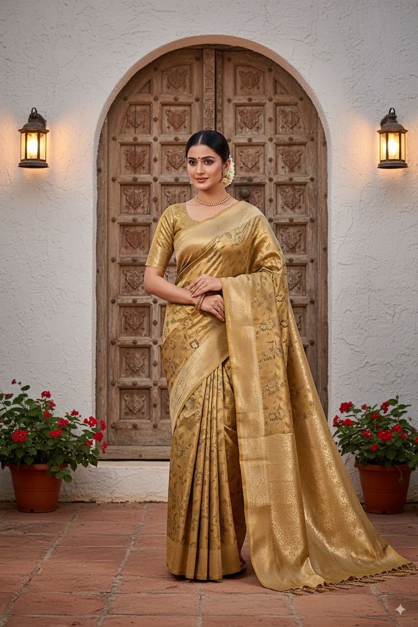 Golden-Mehandi Metallic Banarasi Tissue Silk Lightweight