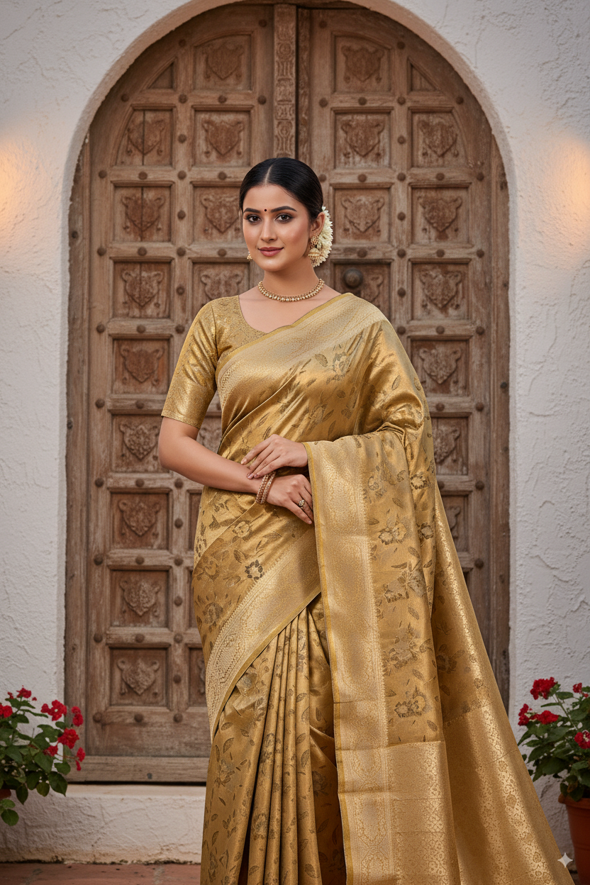 Golden-Mehandi Metallic Banarasi Tissue Silk Lightweight