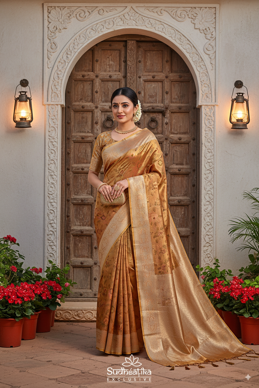 Golden-Olive Green Metallic Banarasi Tissue Silk Lightweight