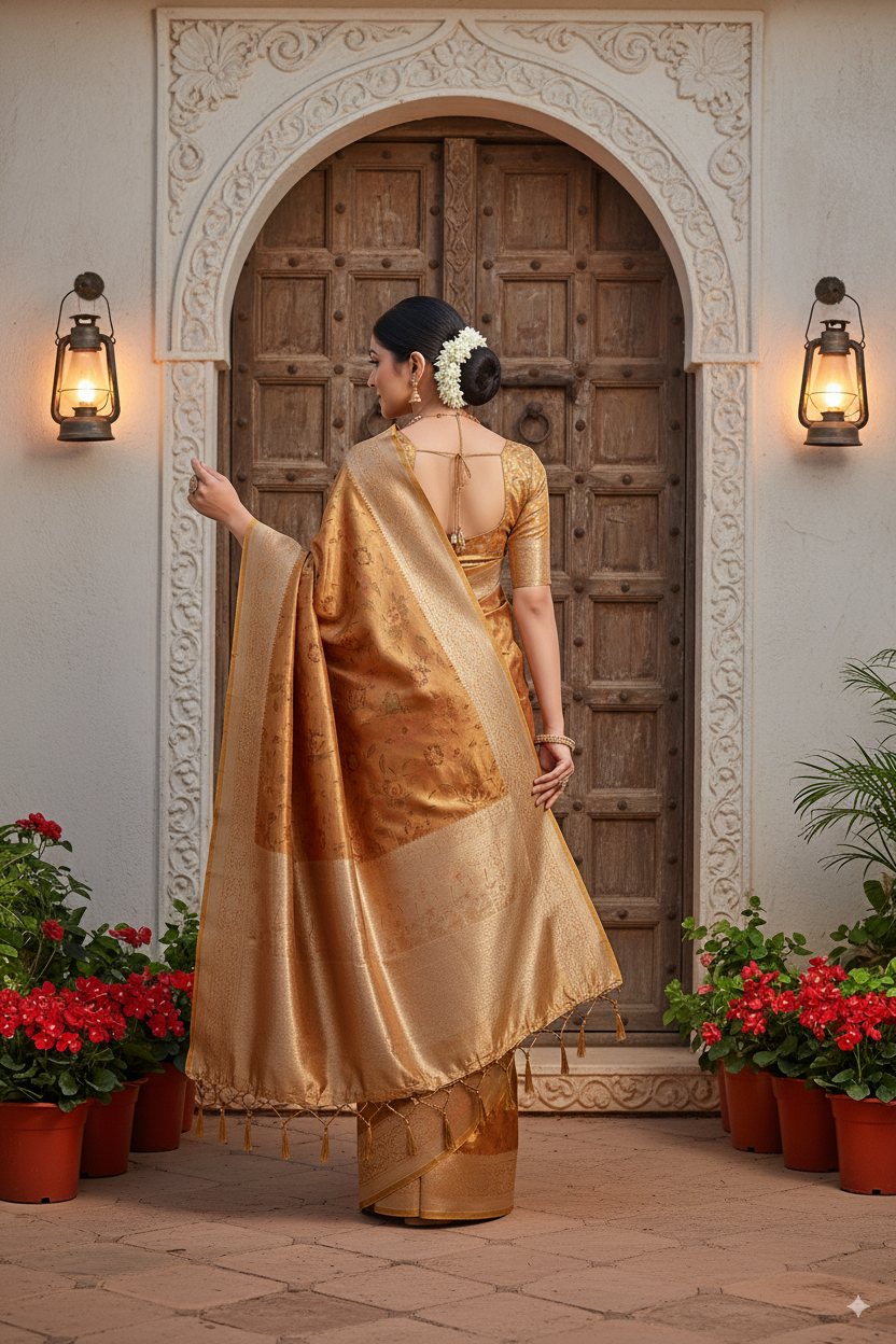 Golden-Olive Green Metallic Banarasi Tissue Silk Lightweight