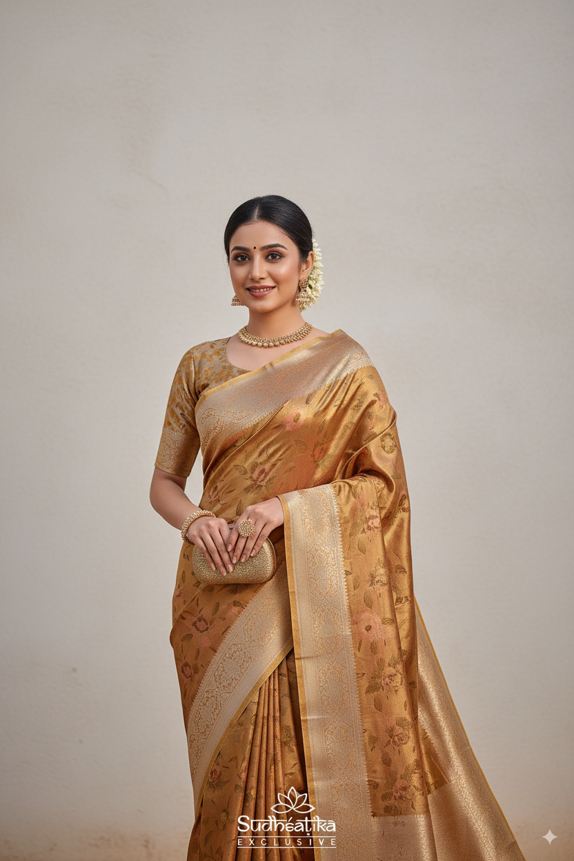 Golden-Olive Green Metallic Banarasi Tissue Silk Lightweight