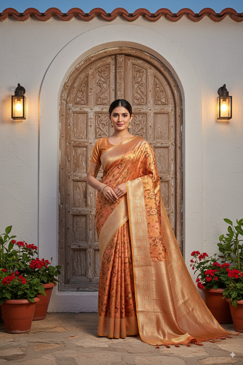 Golden-Peach Metallic Banarasi Tissue Silk Lightweight