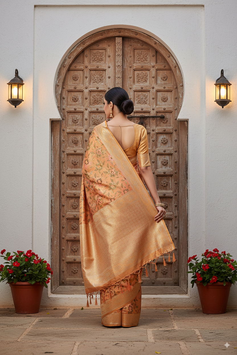 Golden-Peach Metallic Banarasi Tissue Silk Lightweight