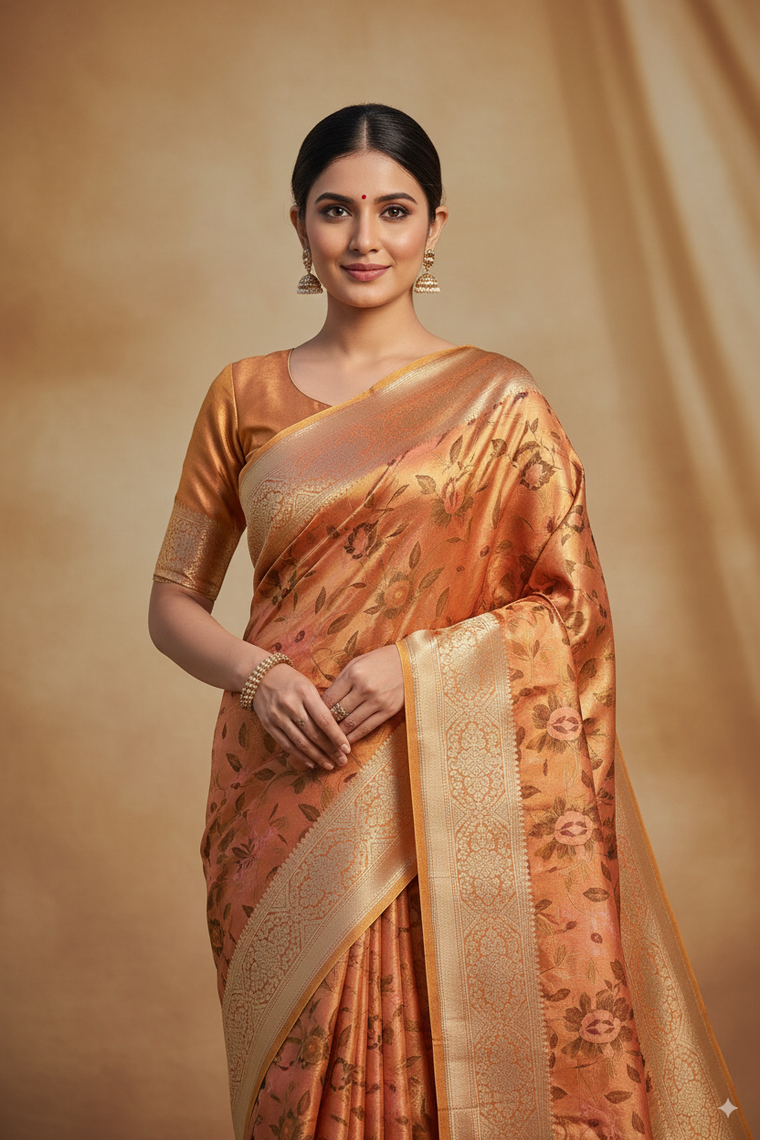 Golden-Peach Metallic Banarasi Tissue Silk Lightweight