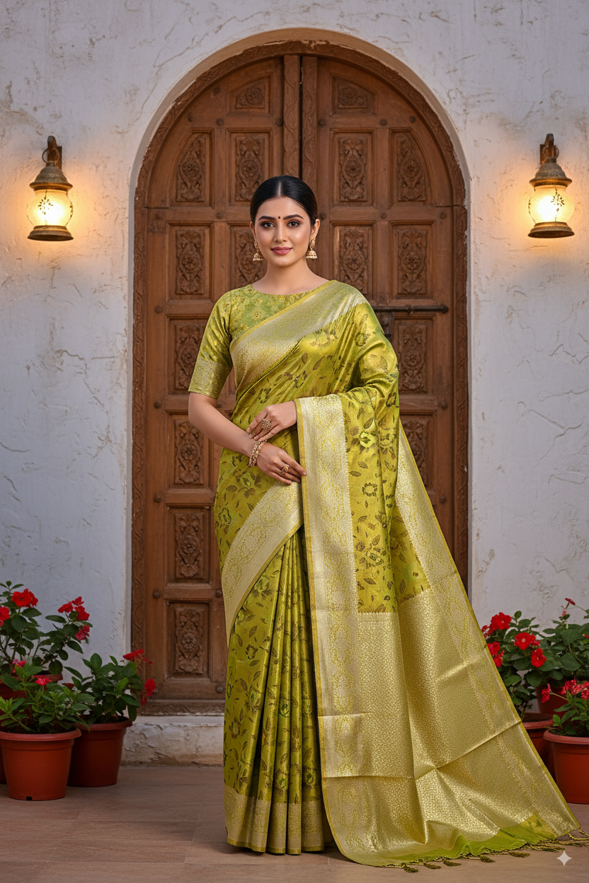 Golden-Parrot Green Metallic Banarasi Tissue Silk Lightweight