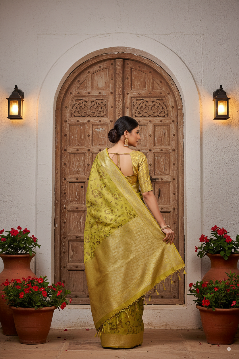 Golden-Parrot Green Metallic Banarasi Tissue Silk Lightweight