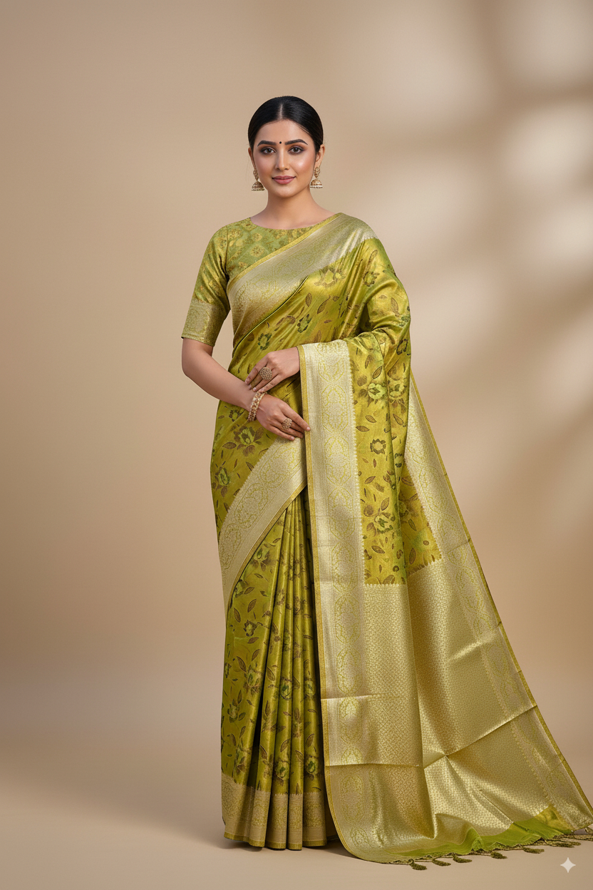 Golden-Parrot Green Metallic Banarasi Tissue Silk Lightweight