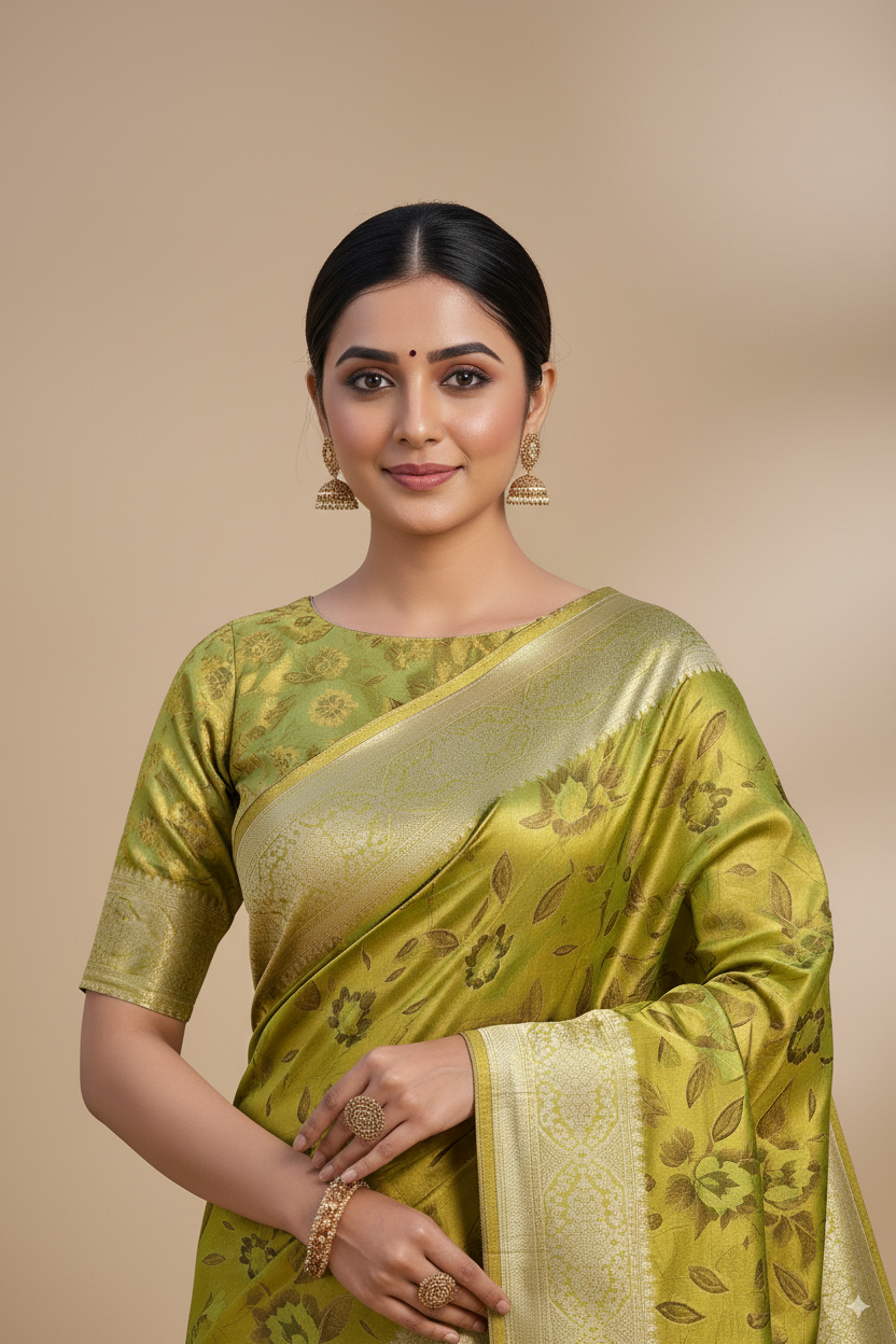 Golden-Parrot Green Metallic Banarasi Tissue Silk Lightweight