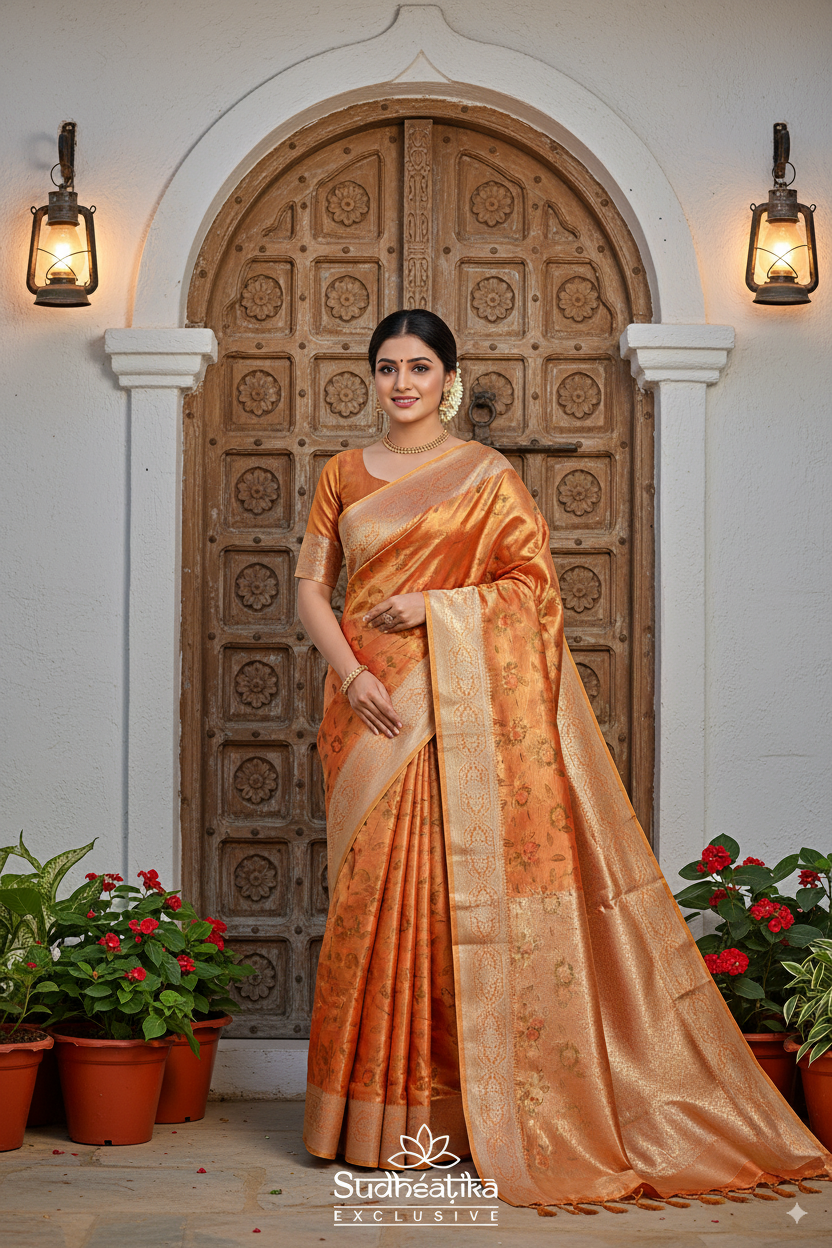 Golden-Rust Metallic Banarasi Tissue Silk Lightweight Saree