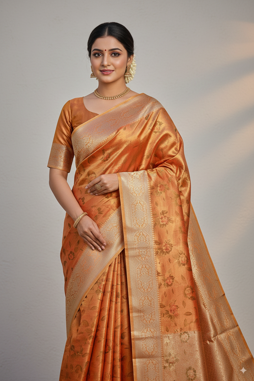 Golden-Rust Metallic Banarasi Tissue Silk Lightweight Saree