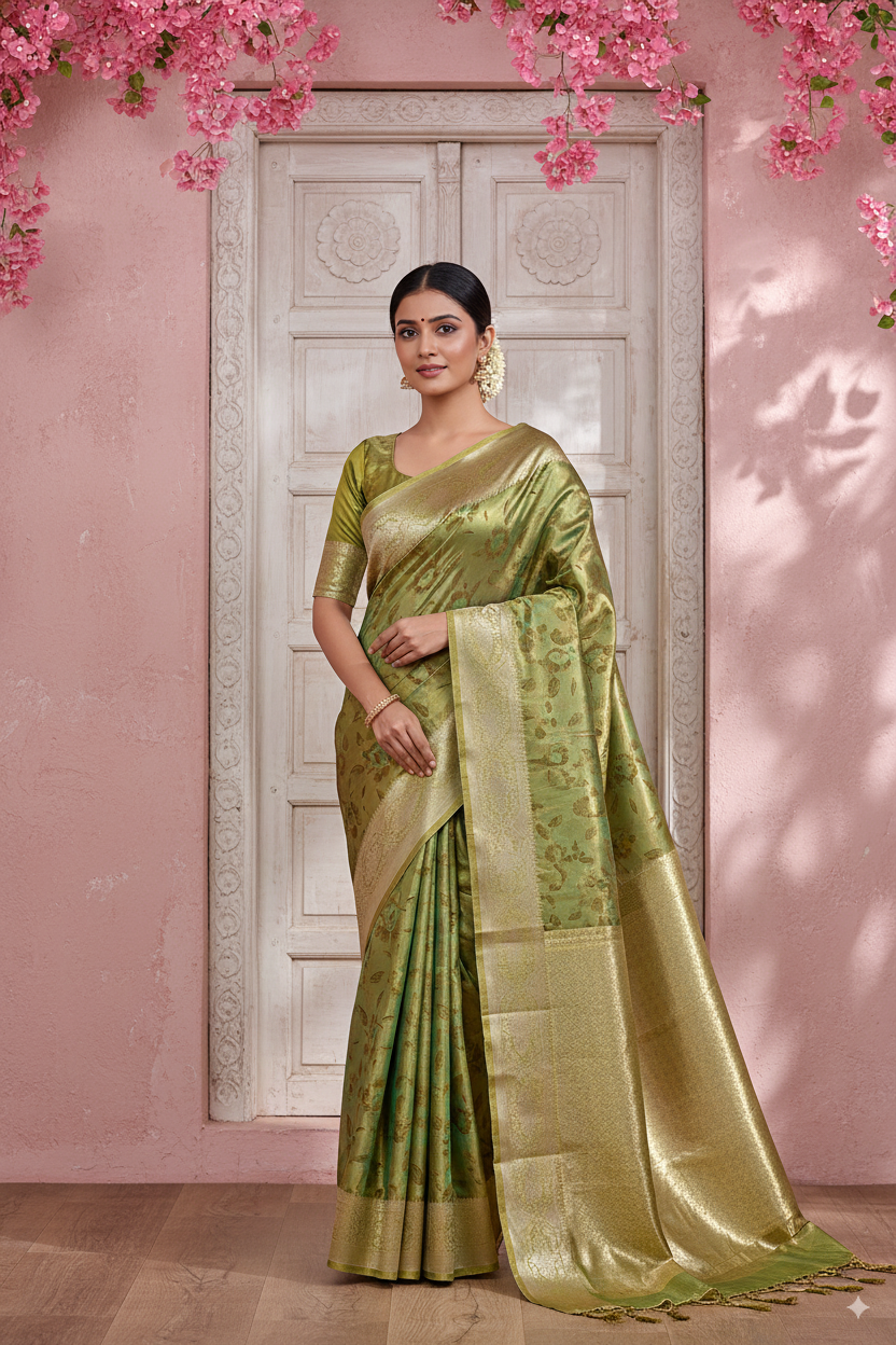 Golden-Sea Green Metallic Banarasi Tissue Silk Lightweight