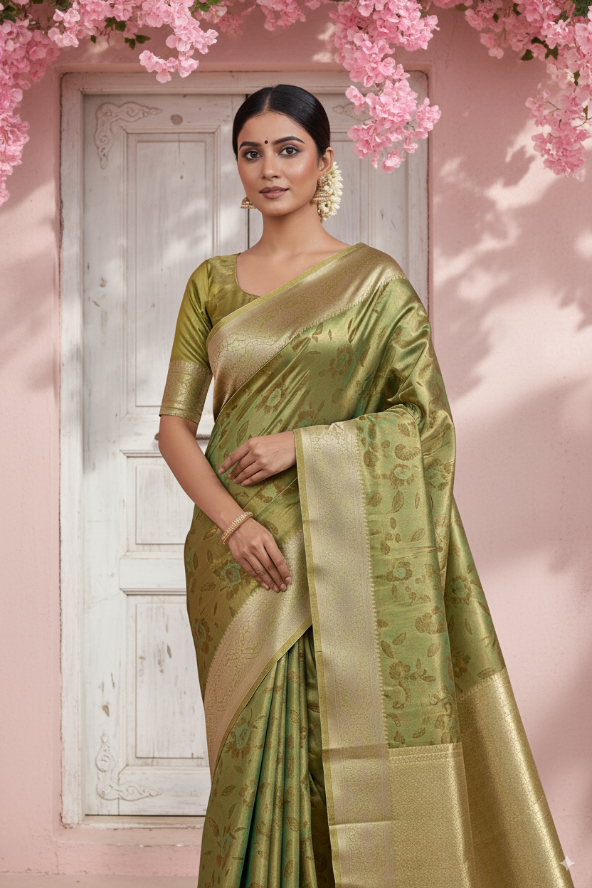 Golden-Sea Green Metallic Banarasi Tissue Silk Lightweight