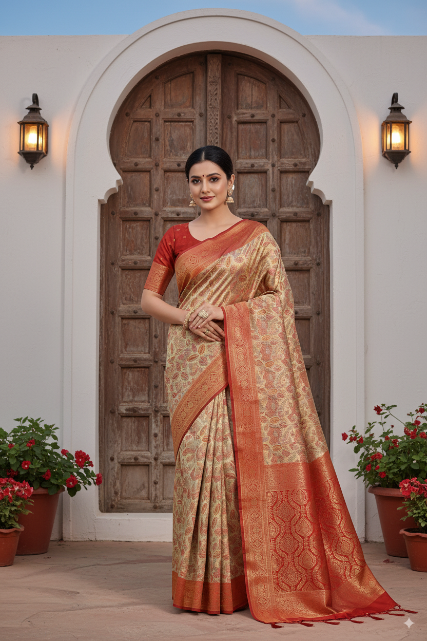 Red and Beige Silk Woven Banarasi Saree – Lightweight
