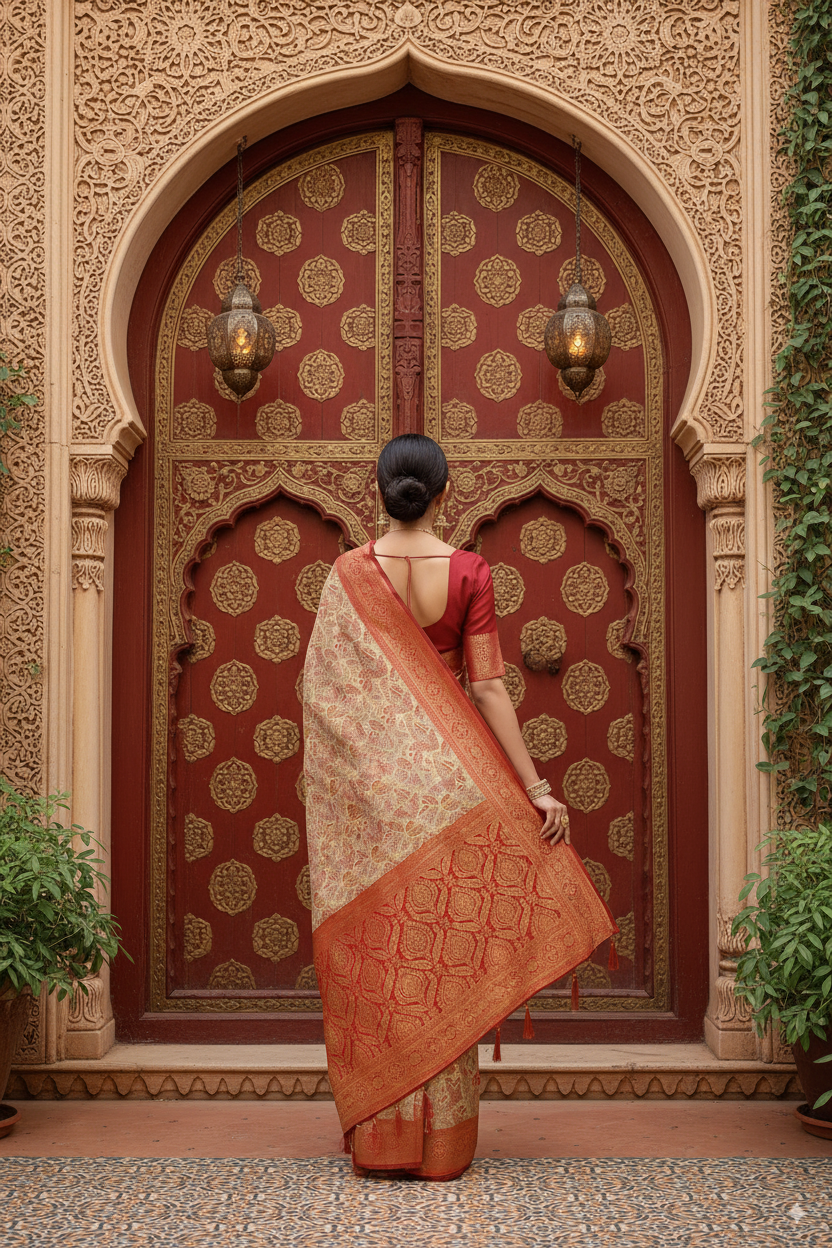 Red and Beige Silk Woven Banarasi Saree – Lightweight