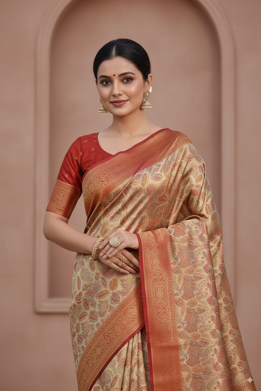 Red and Beige Silk Woven Banarasi Saree – Lightweight