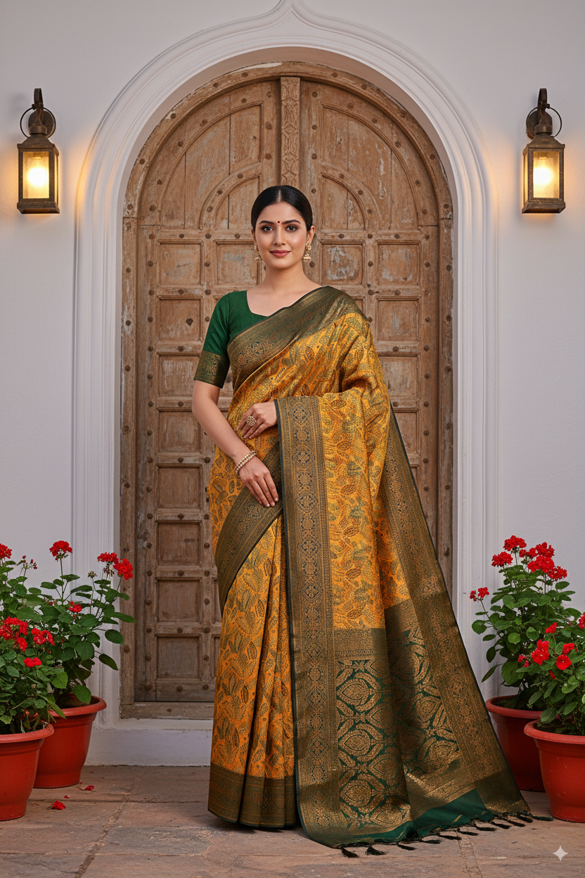 Mustard Yellow and Dark Green Silk Woven Banarasi Saree Lightweight