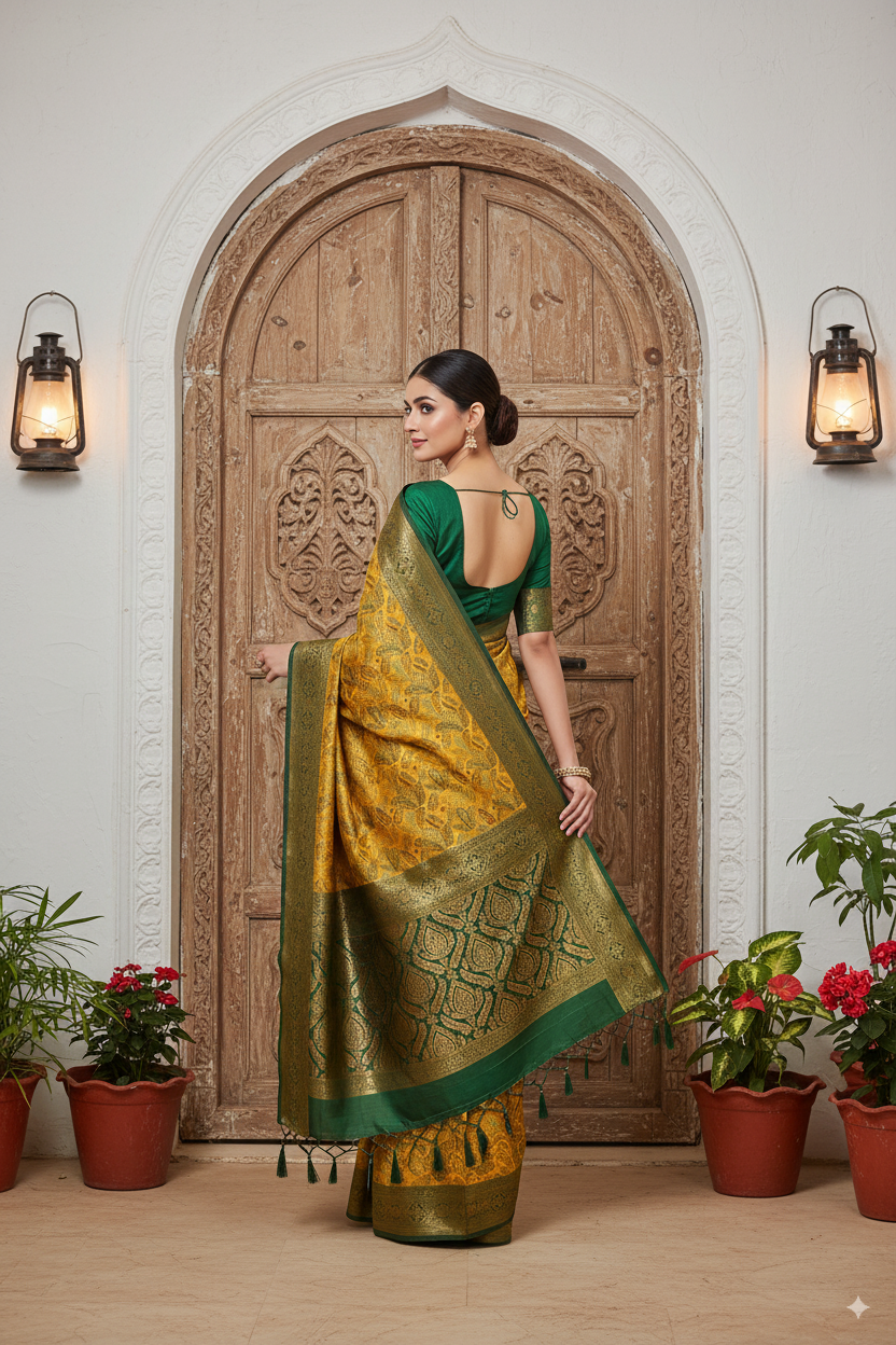 Mustard Yellow and Dark Green Silk Woven Banarasi Saree Lightweight