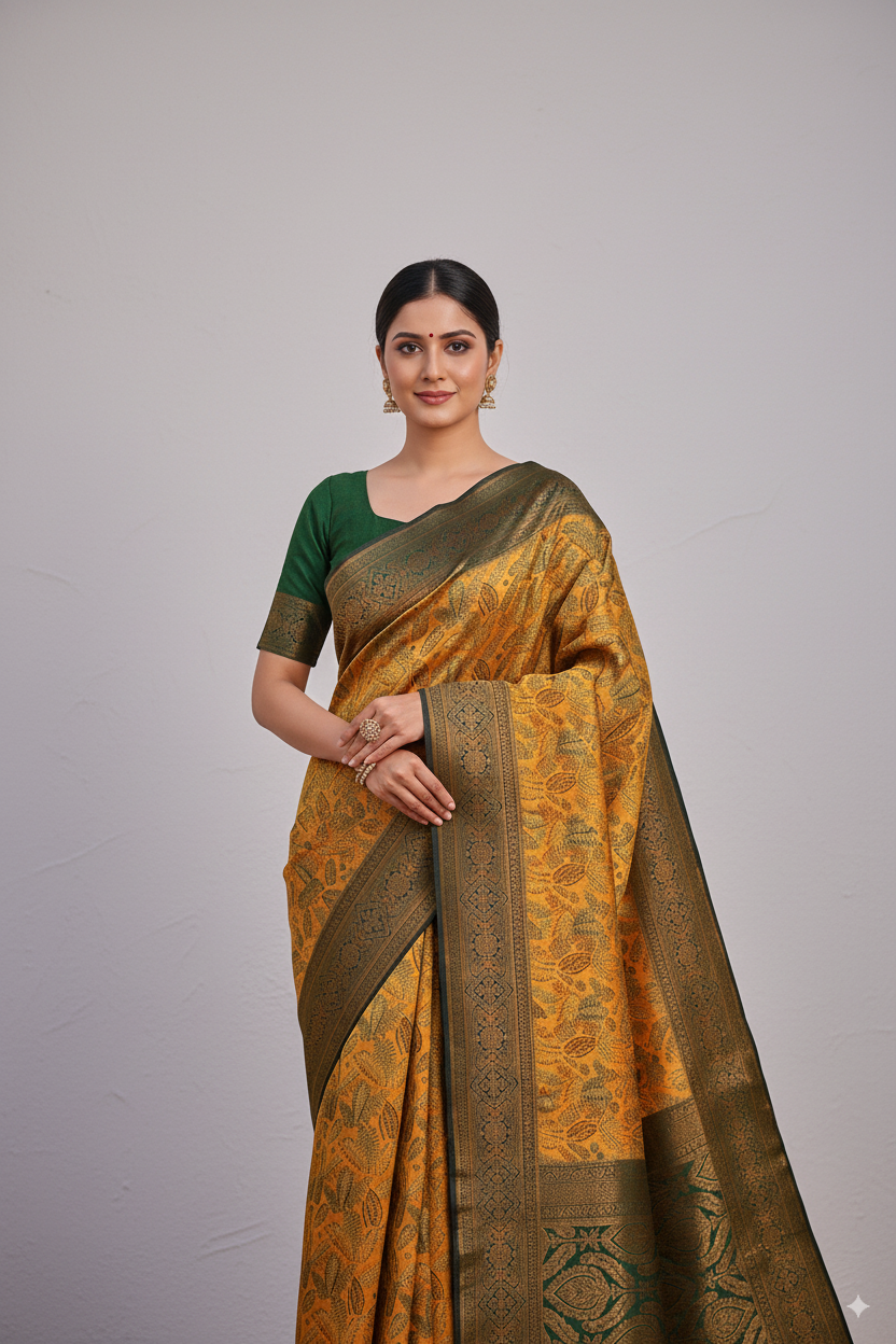 Mustard Yellow and Dark Green Silk Woven Banarasi Saree Lightweight