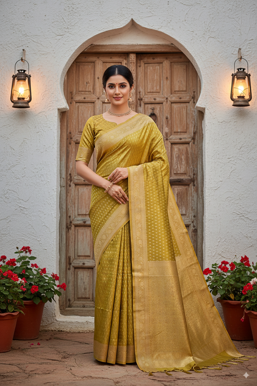 Golden-Army Green Metallic Banarasi Tissue Silk Lightweight Saree