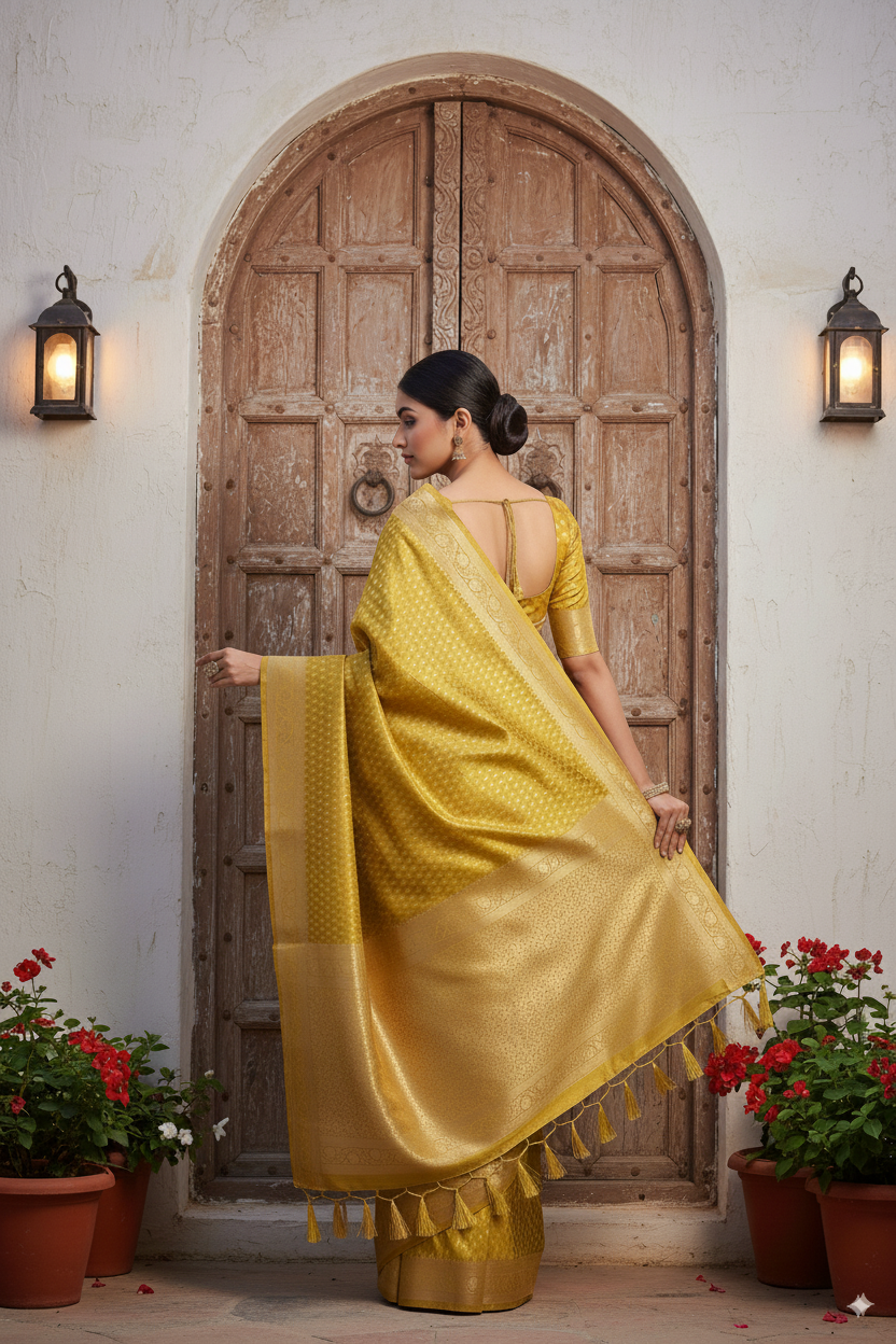 Golden-Army Green Metallic Banarasi Tissue Silk Lightweight Saree