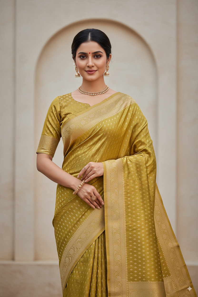 Golden-Army Green Metallic Banarasi Tissue Silk Lightweight Saree