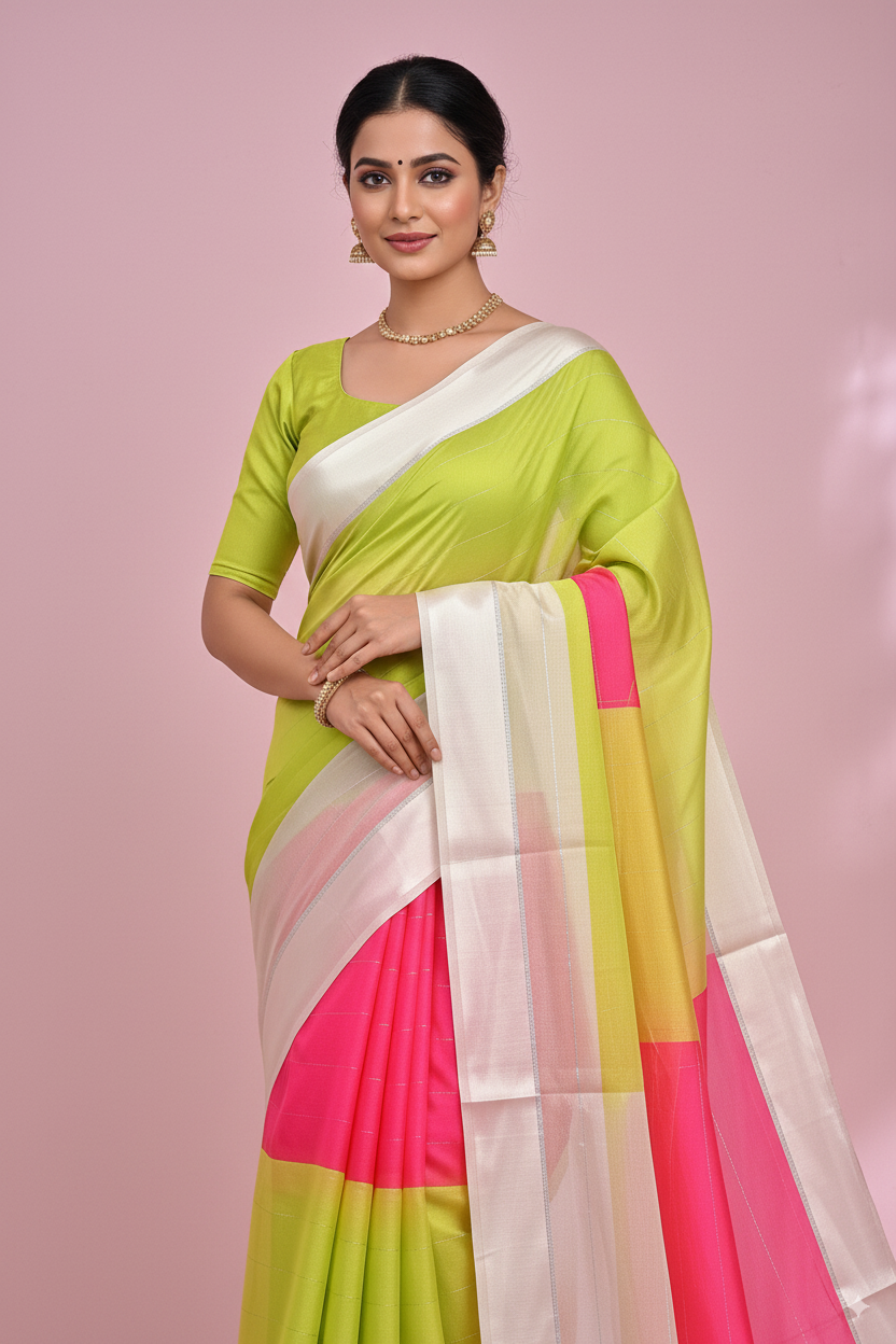 Lime Green & Hot Pink Multiclour Chiffon Saree Lightweight
