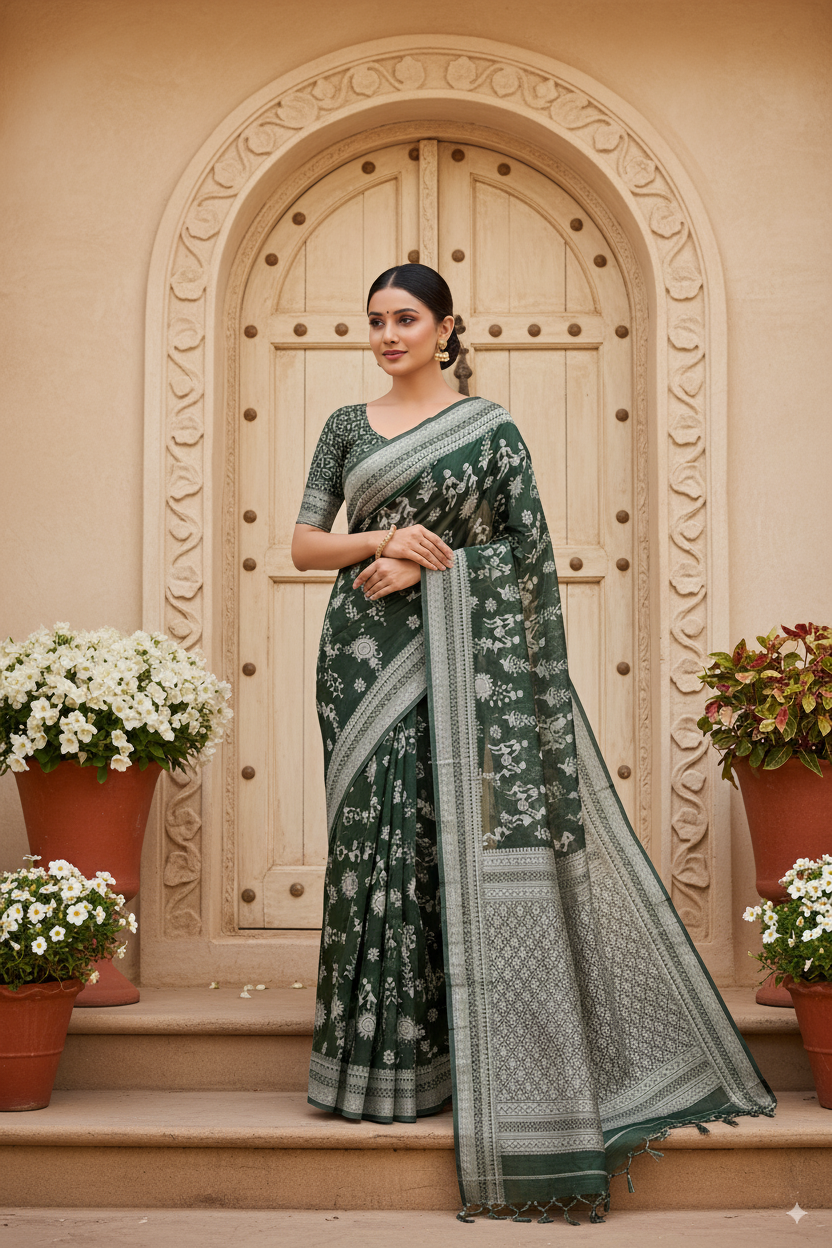 Dark Olive Green Cotton Saree Lightweight