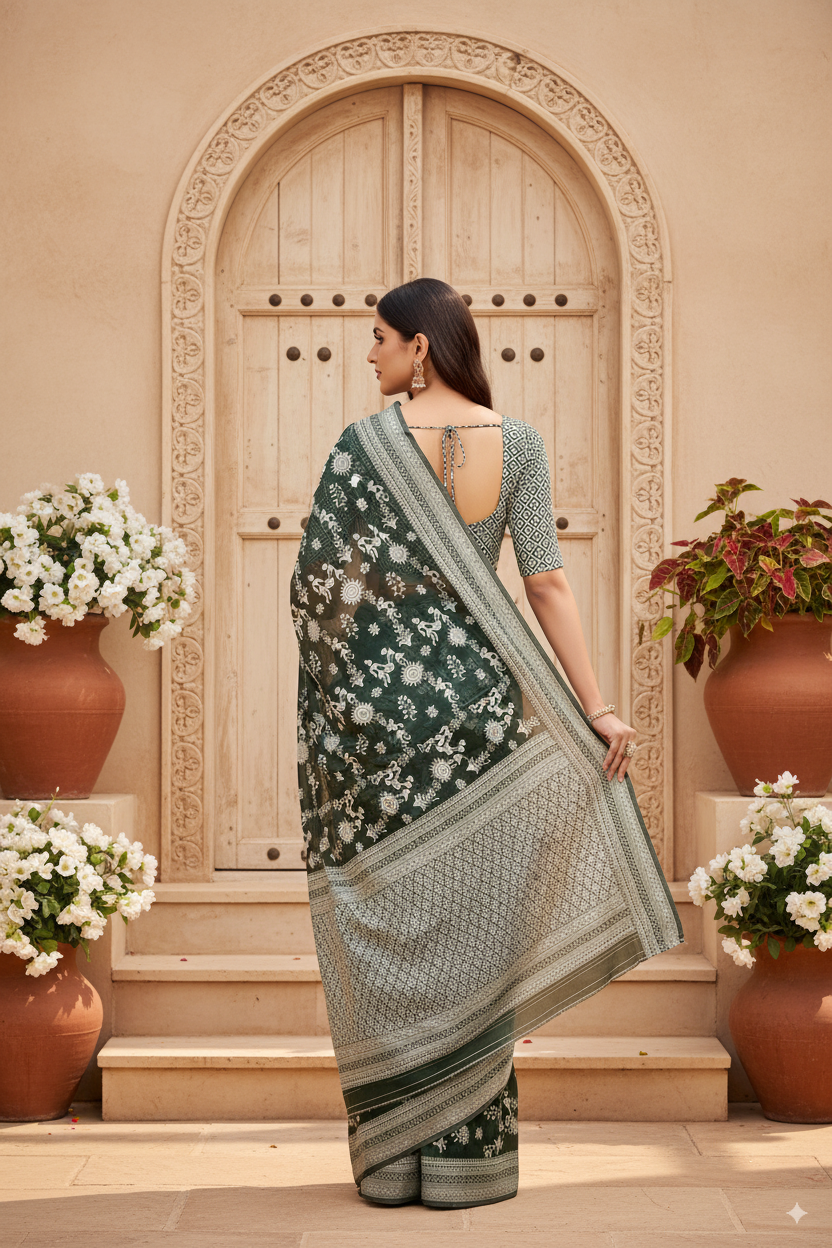 Dark Olive Green Cotton Saree Lightweight