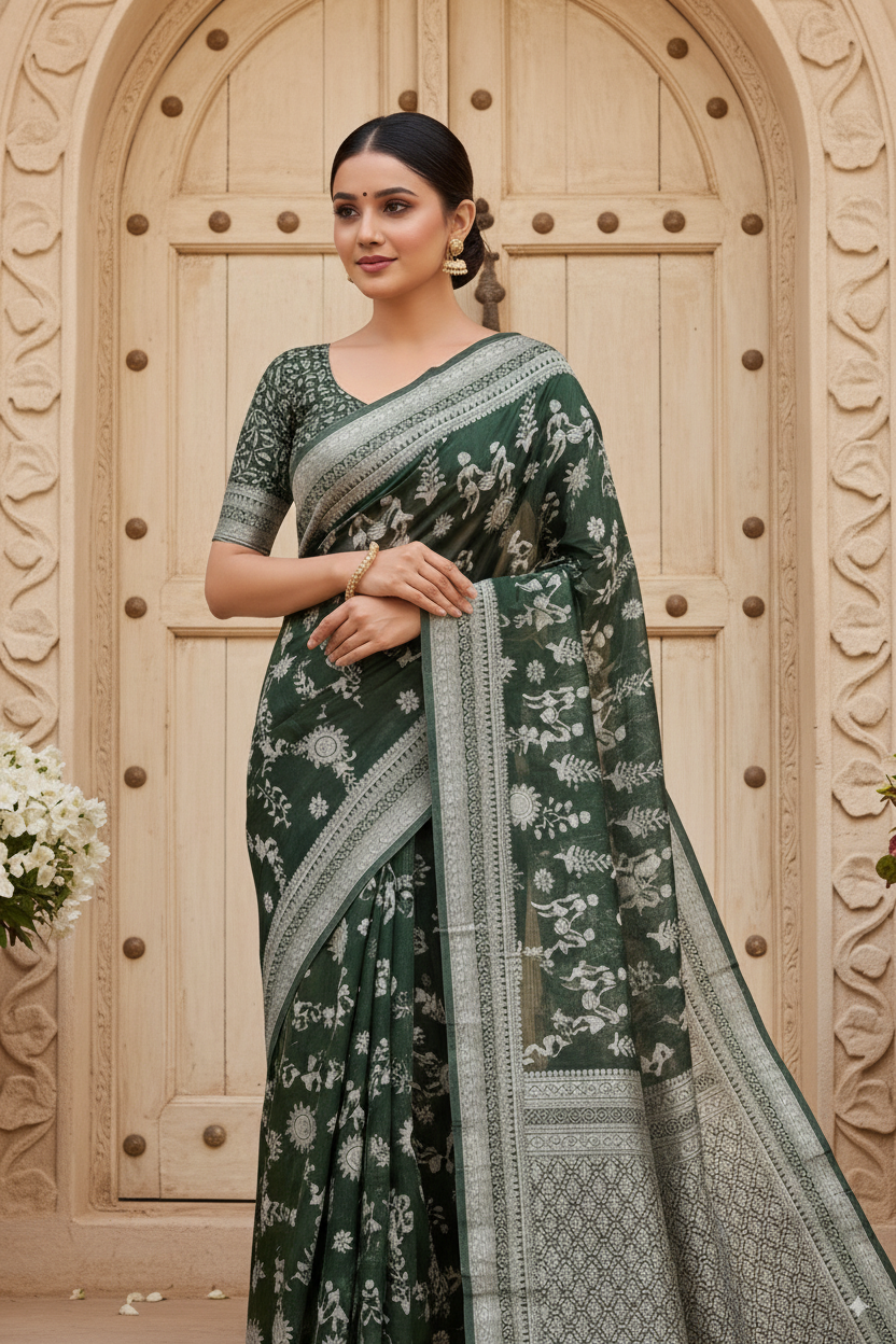 Dark Olive Green Cotton Saree Lightweight