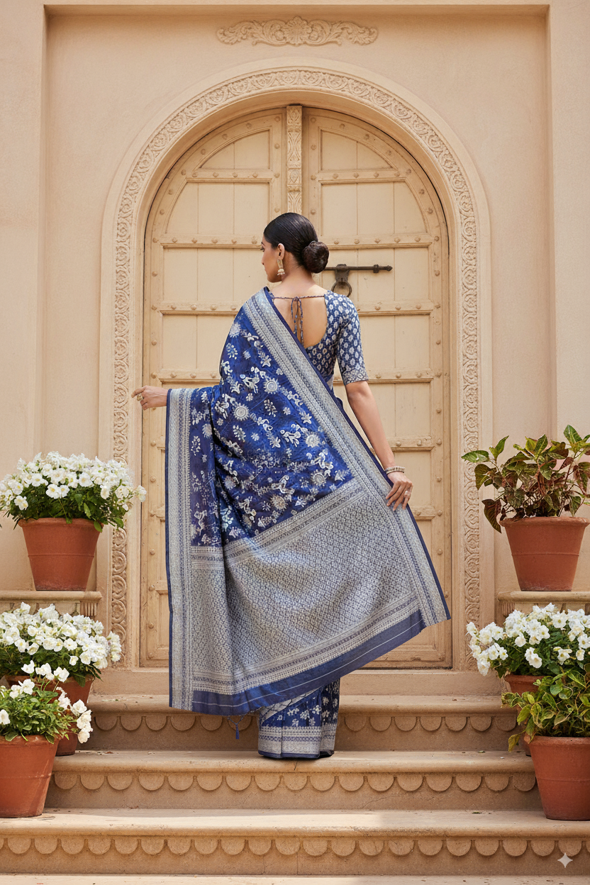 Navi Blue Cotton Saree Lightweight