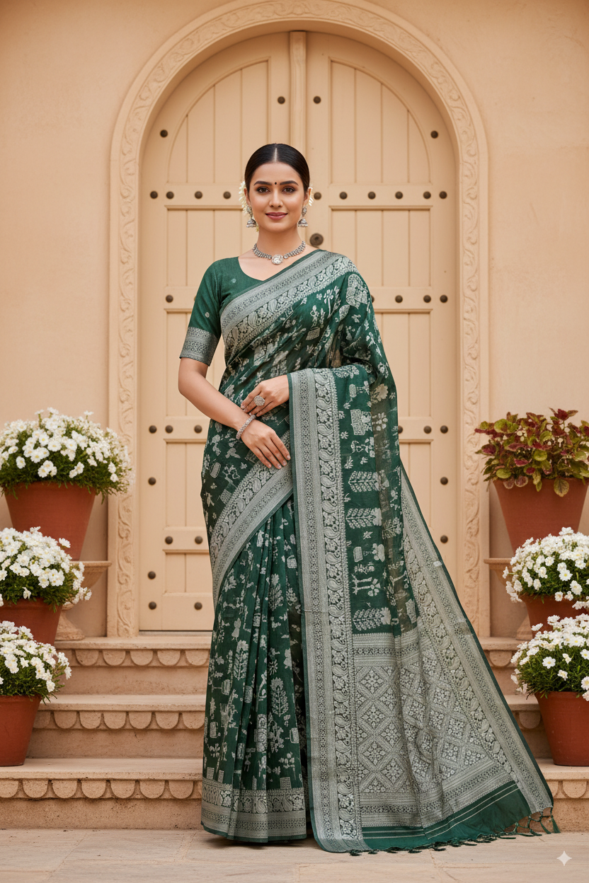 Olive Green Cotton Saree Lightweight