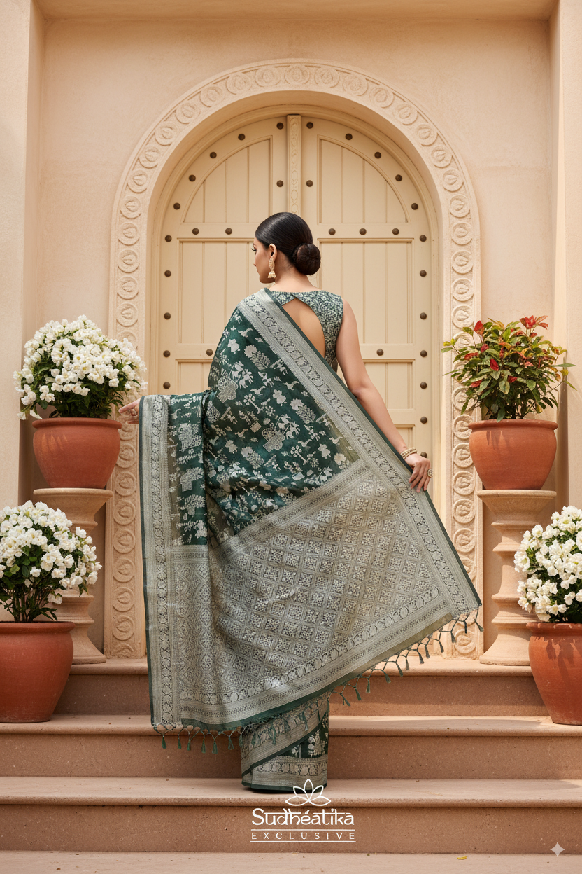 Olive Green Cotton Saree Lightweight