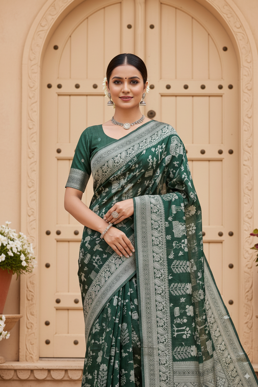 Olive Green Cotton Saree Lightweight