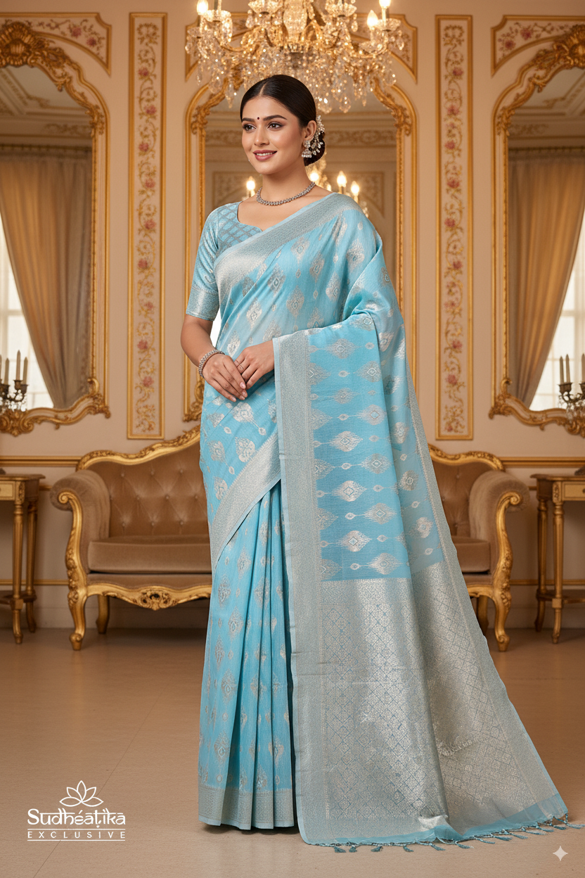 Sky Blue Banarsi Spun Cotton Lightweight