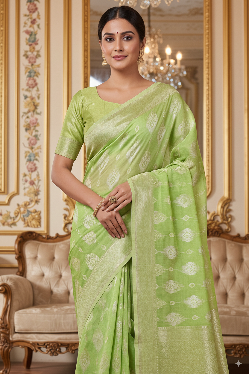 Parrot Green Banarsi Spun Cotton Lightweight