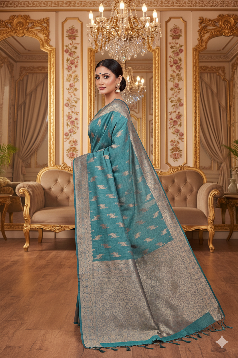 Teal Blue Linen Silk Saree Lightweight