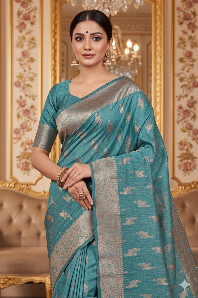 Teal Blue Linen Silk Saree Lightweight