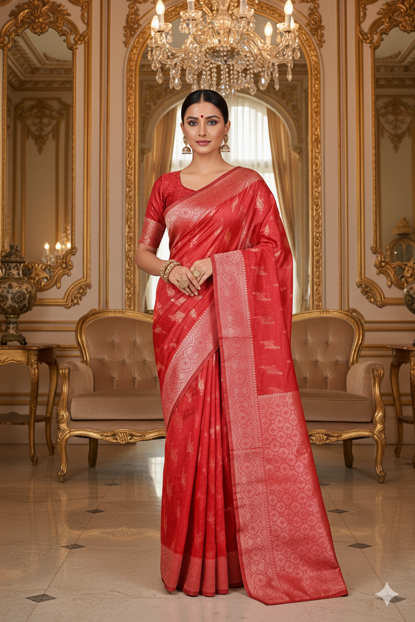 Red Linen Silk Saree Lightweight
