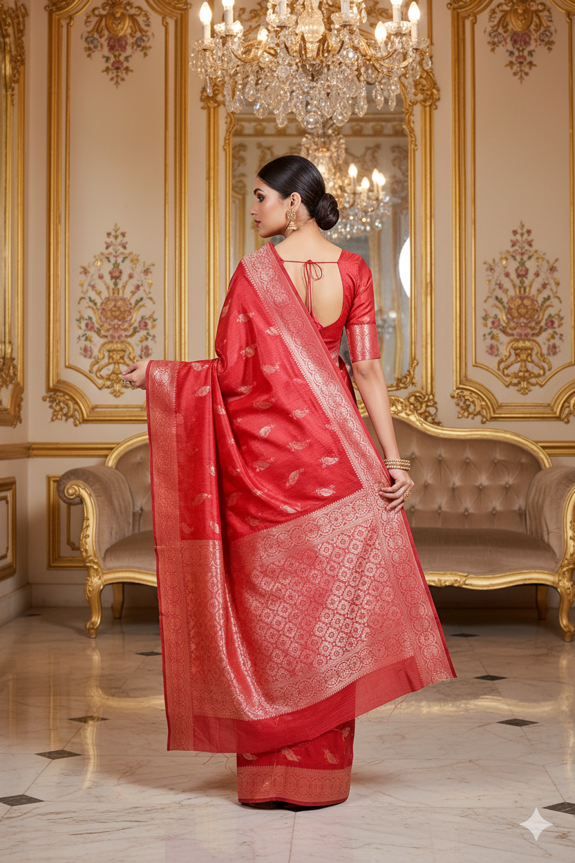 Red Linen Silk Saree Lightweight