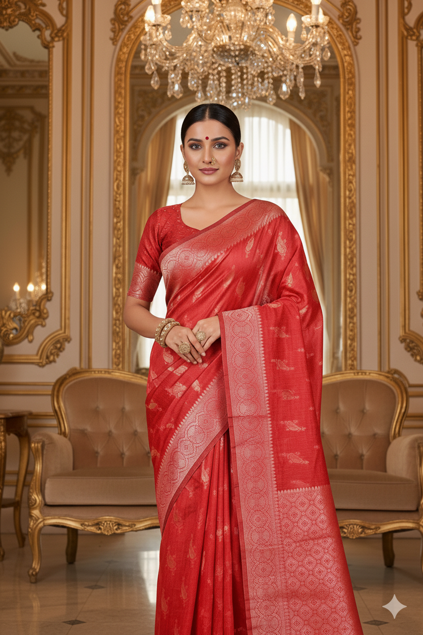 Red Linen Silk Saree Lightweight