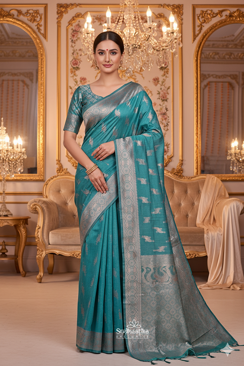 Rama Green Linen Silk Saree Lightweight