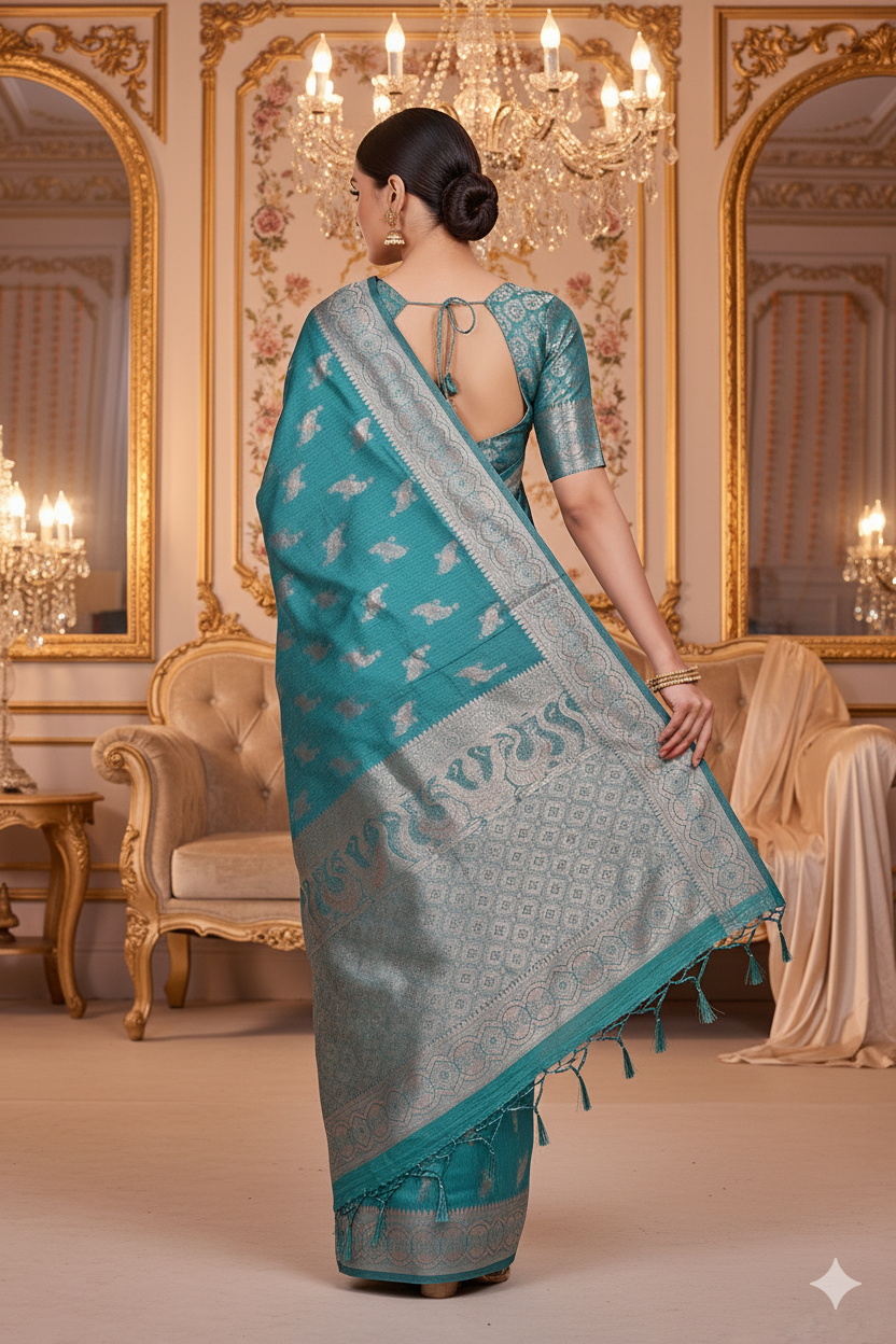 Rama Green Linen Silk Saree Lightweight