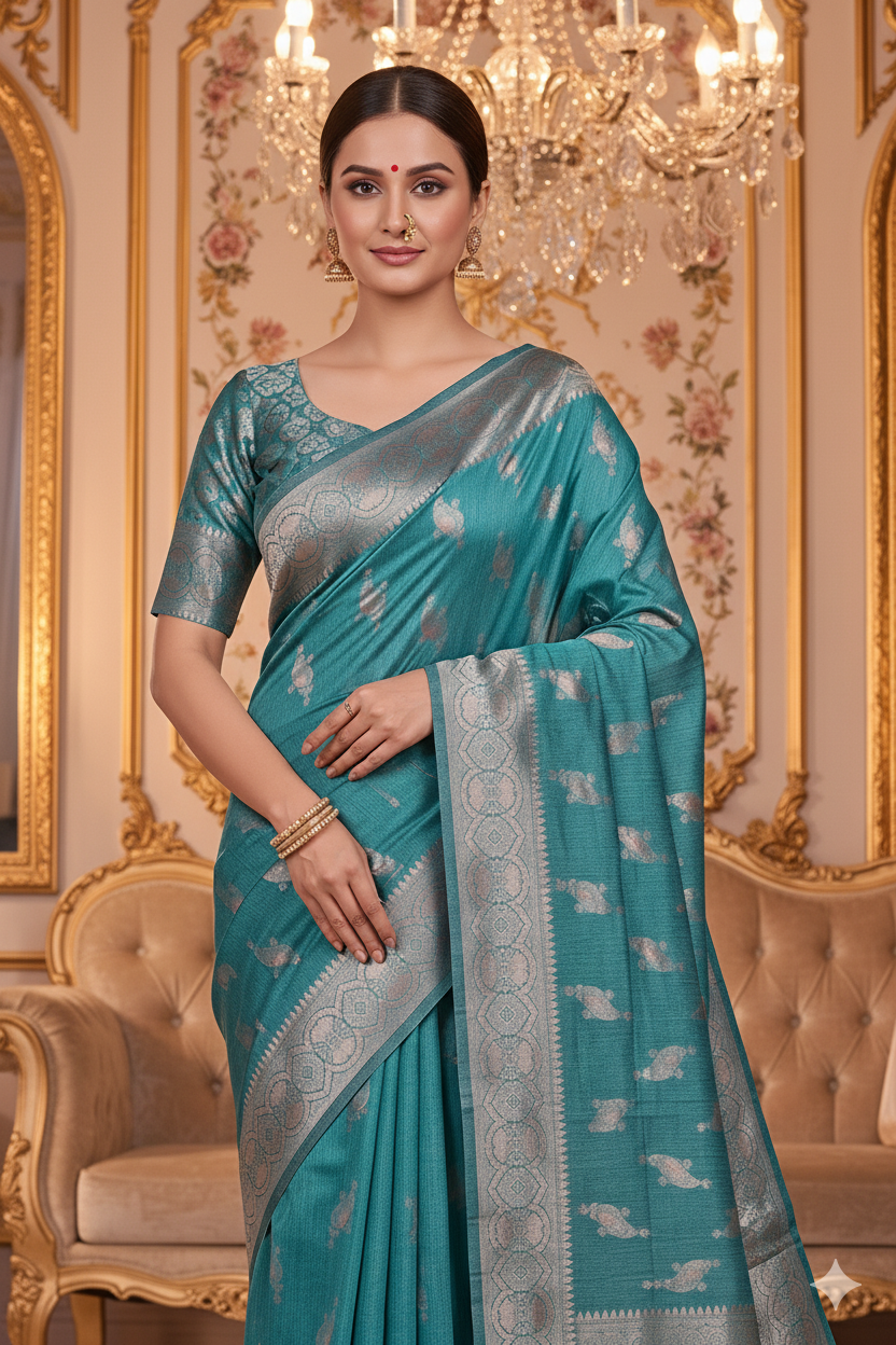 Rama Green Linen Silk Saree Lightweight