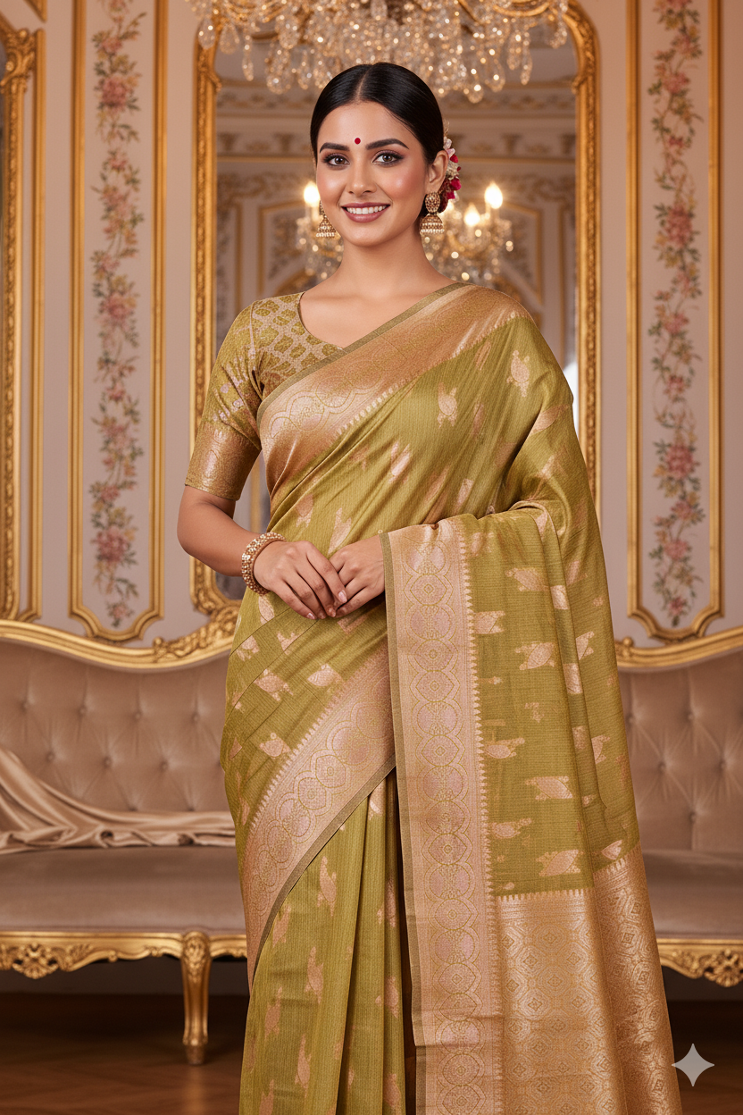 Mehandi Linen Silk Saree Lightweight