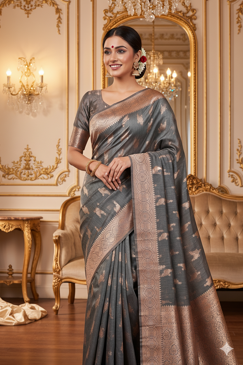 Grey Linen Silk Saree Lightweight