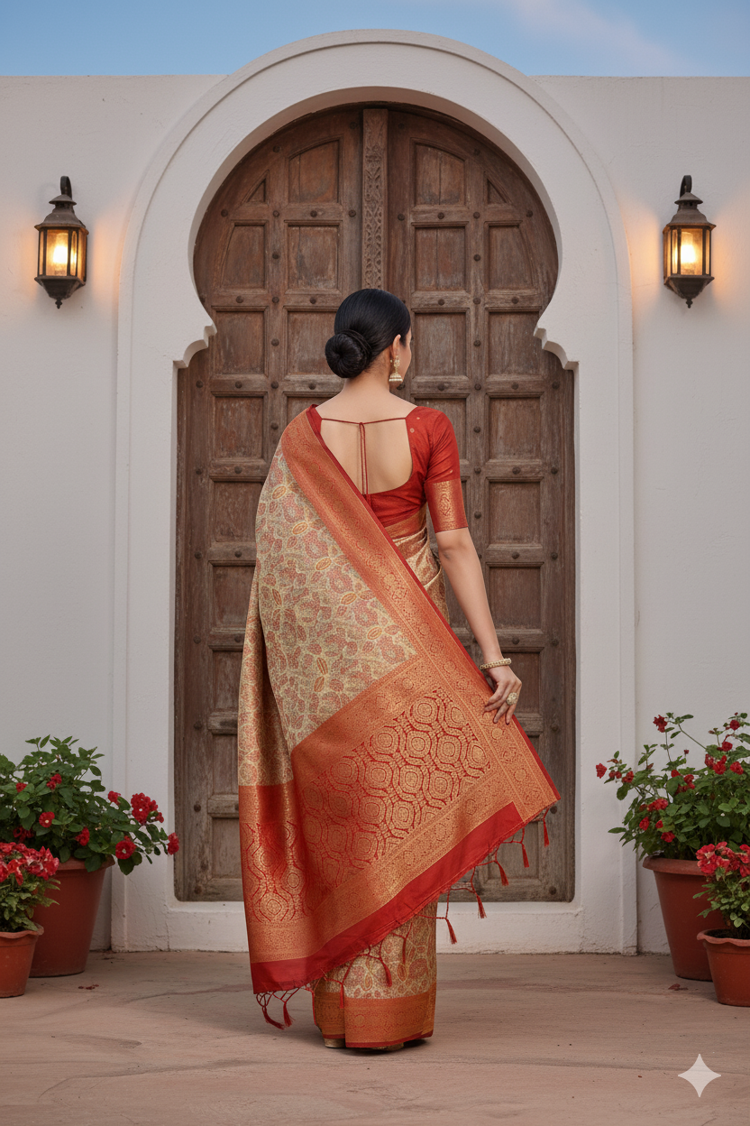 Red and Beige Silk Woven Banarasi Saree – Lightweight