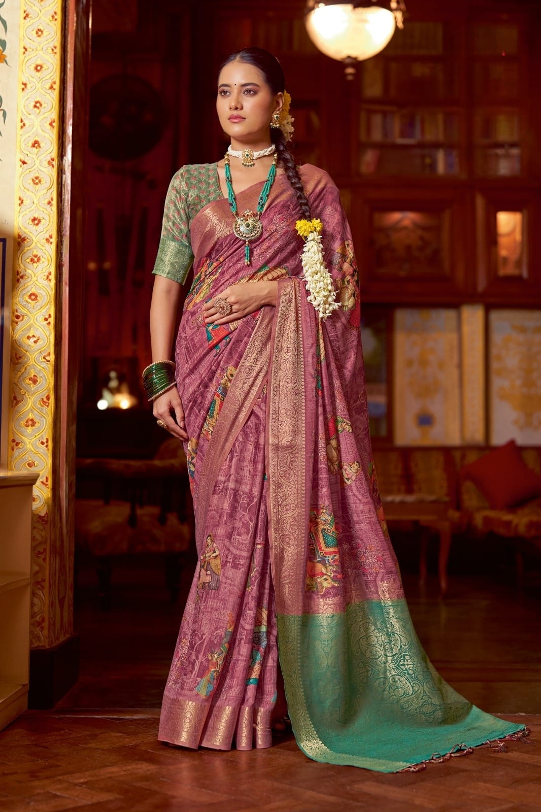 Dusty Mauve Charm Digital Print Saree with Antique Gold Banarasi Border